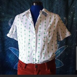 Vintage Girl Scouts USA Blouse GirlsSz 16 Trefoil Print Short Sleeve Button Down